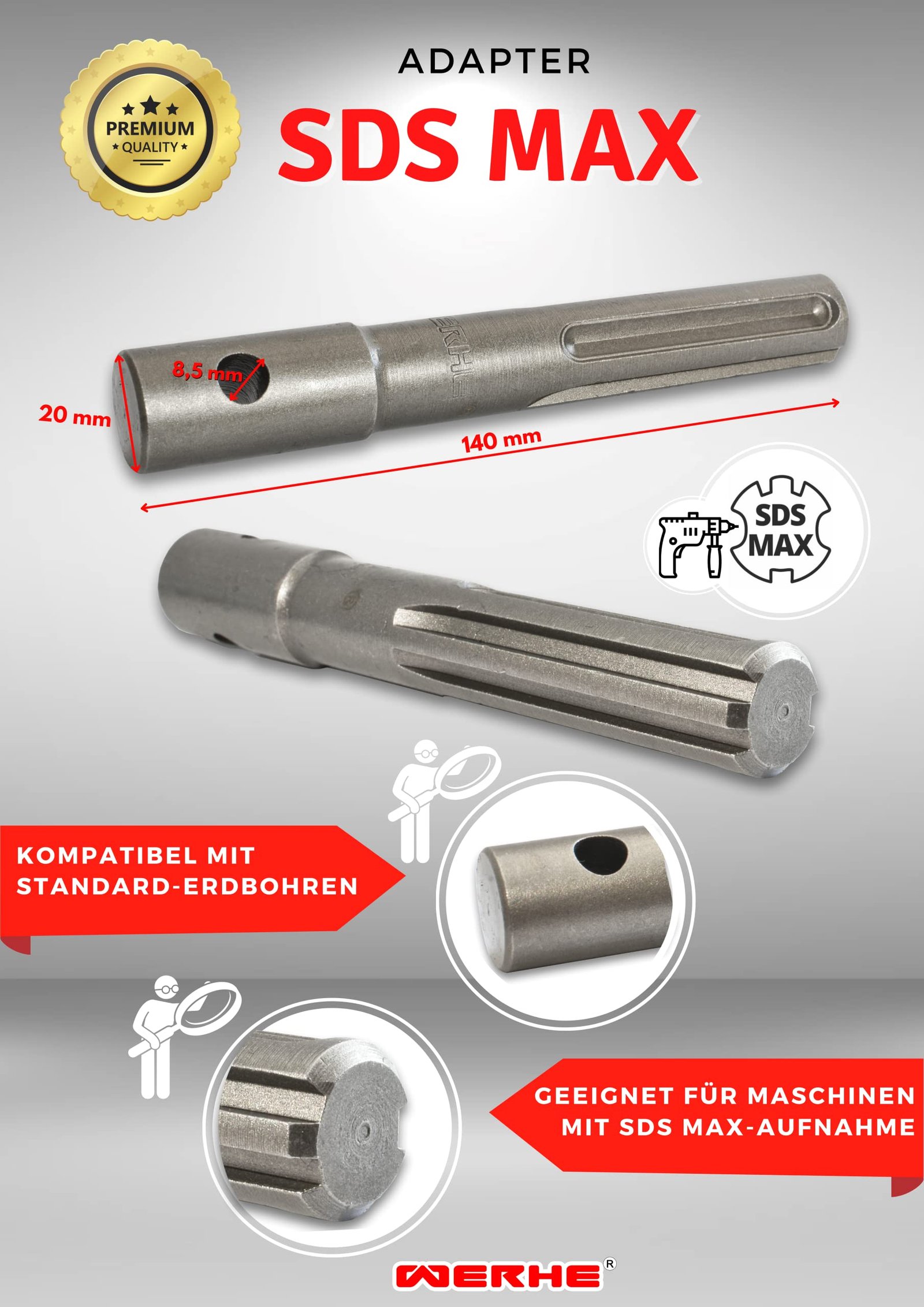 WERHE SDS Max Adapter für Erdbohrer – verbindet Bohrmaschinen mit SDS Max Aufnahme und WERHE Erdbohrern (40-200 mm) – Stabil aus Stahl, 140 mm Länge - Image 2